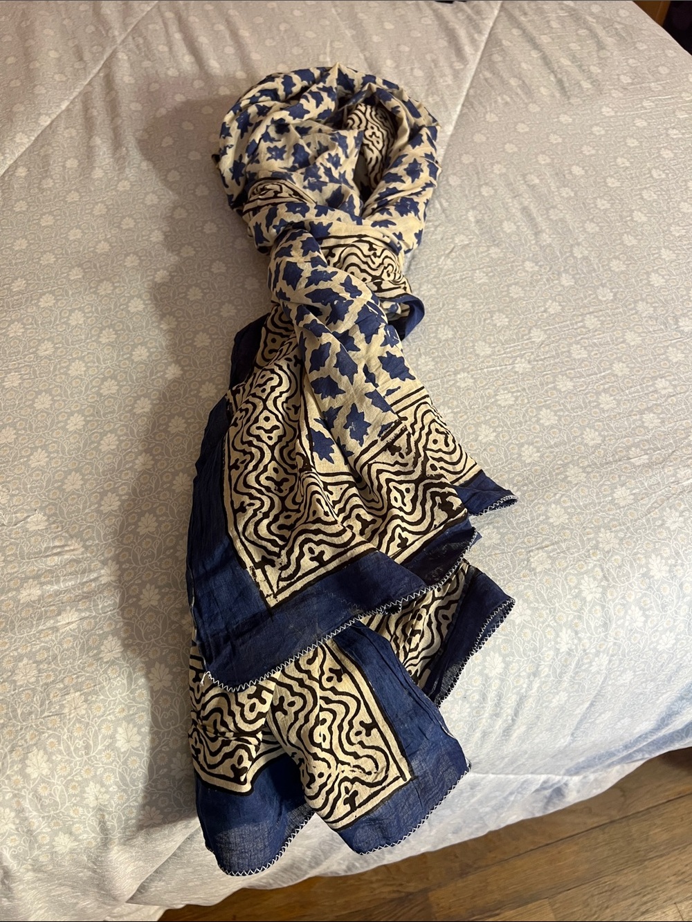 Blue and Cream Printed Cotton Scarf